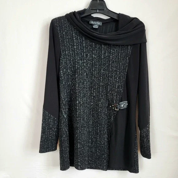 Michael Tyler Black Silver Shimmering Cowl Neck Buckle Top‎ M - Picture 3 of 13